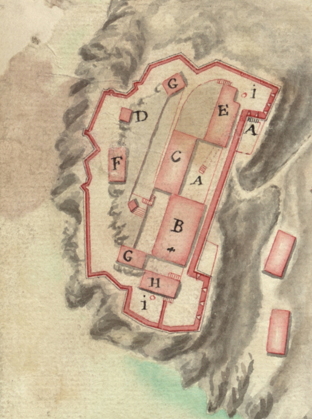 plan de caprara et de son chateau dans l'ile du meme nom52,5*41cm